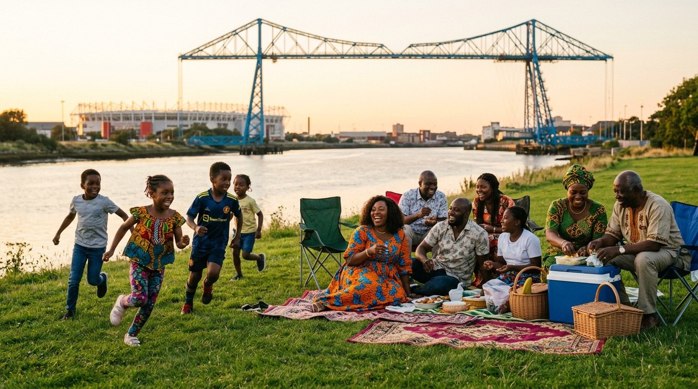 Nigerian families enjoying a picnic by the River Tees with the Transporter Bridge behind them