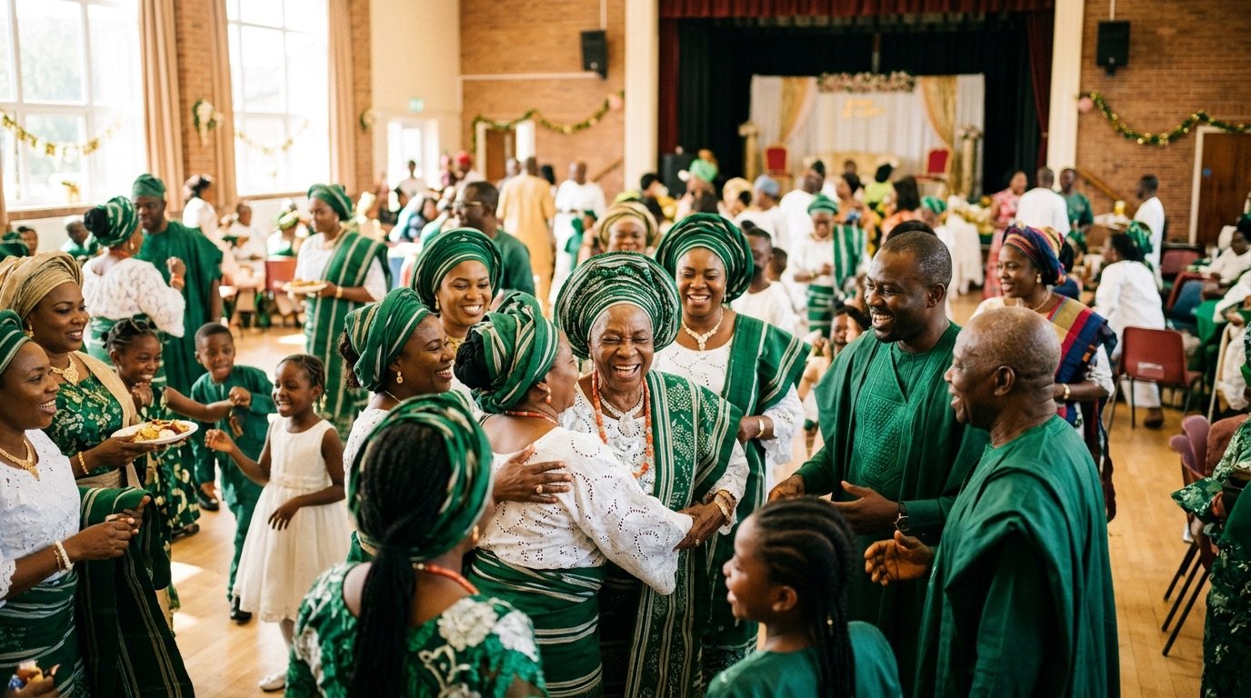 Members of the Nigerian community in green and white attire celebrating together in a community hall
