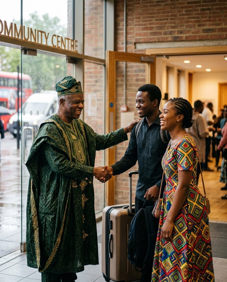 A NICOT elder warmly welcoming a young Nigerian couple at a community centre